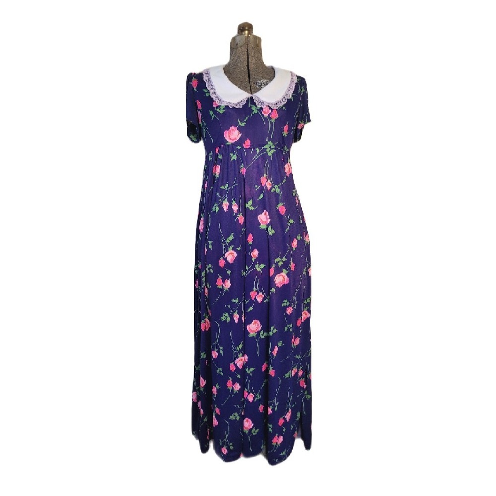 Vintage 70s‎ Floral Maxi Collar Prairie Navy Pink Small